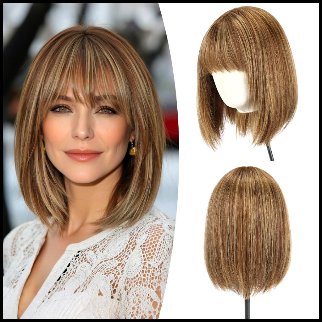 Shoulder Length Layered Bob Wig With Bangs Breathable Cap Daily Wear